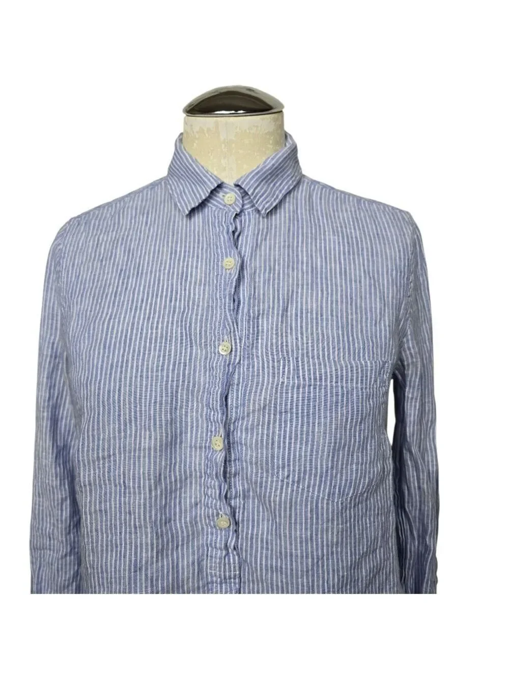 J. Crew Linen Striped Half Button Down Shirt Long Sleeve White Blue 0